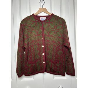 Vintage Tally Ho 100% Wool Fair Isle Cardigan Sweater Medium Burgundy Green